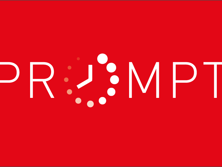 Bold white "PRoMPT" logo on vibrant red background with dotted circular design between letters.
