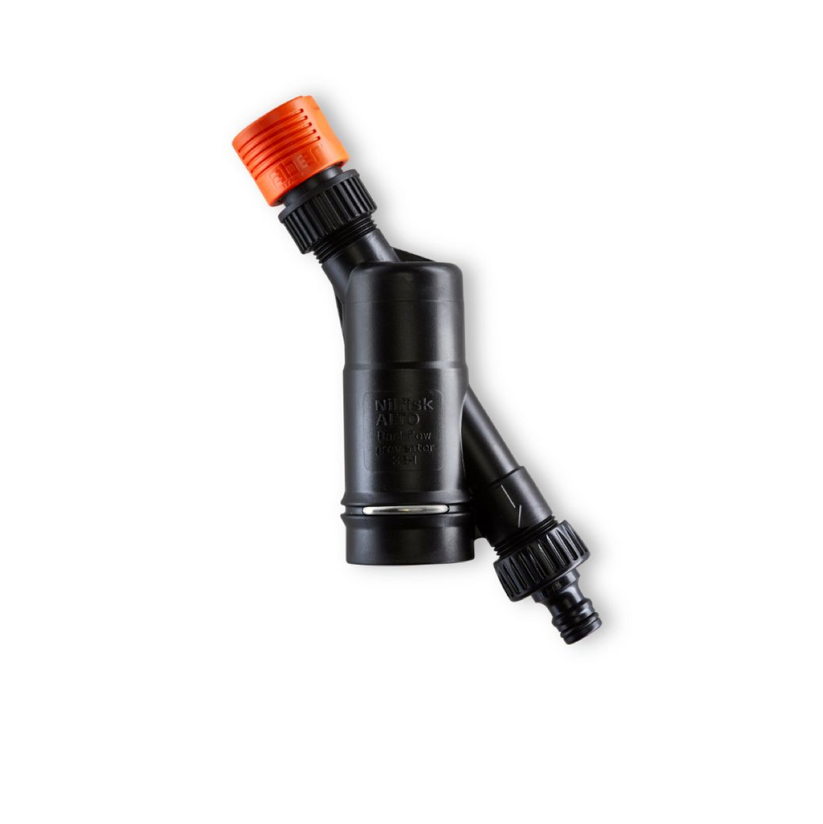 Black backflow preventer by Nilfisk with orange plastic top.