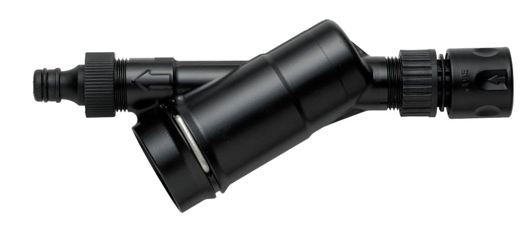 Black high-pressure cleaner valve by ES BA ventil for pressure washer accessories.