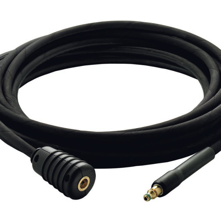 Black seven-meter hose for a pressure washer with ribbed texture, positioned on a white background.
