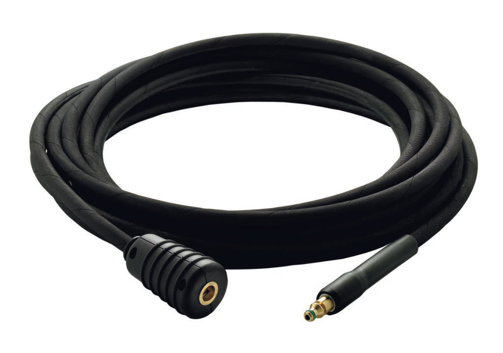 Black seven-meter hose for a pressure washer with ribbed texture, positioned on a white background.
