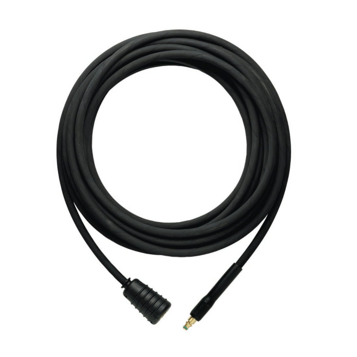 Black 7m high-pressure hose for pressure washers, forlænger by Harald Nyborg, coiled on a white background.
