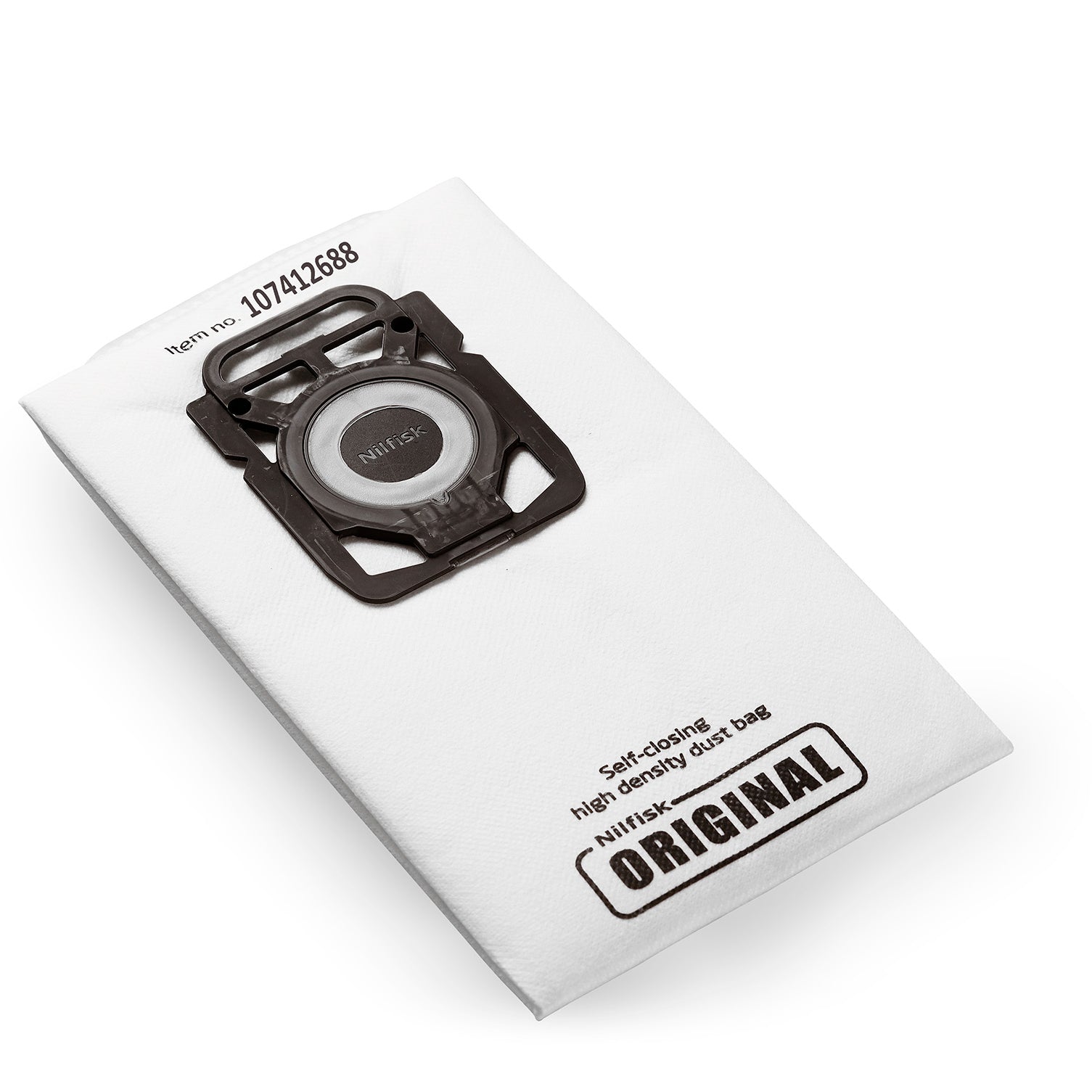 White vacuum cleaner bag by Nilfisk with a gray plastic mounting plate.