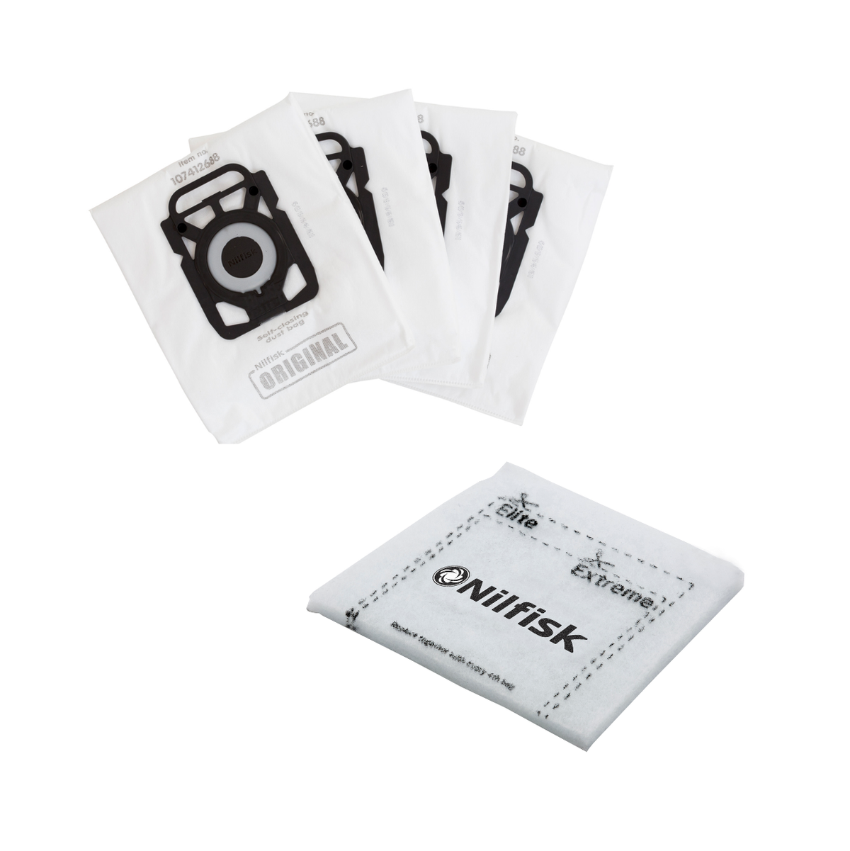 Vacuum cleaner bags by Nilfisk, four white dust bags and one filter.