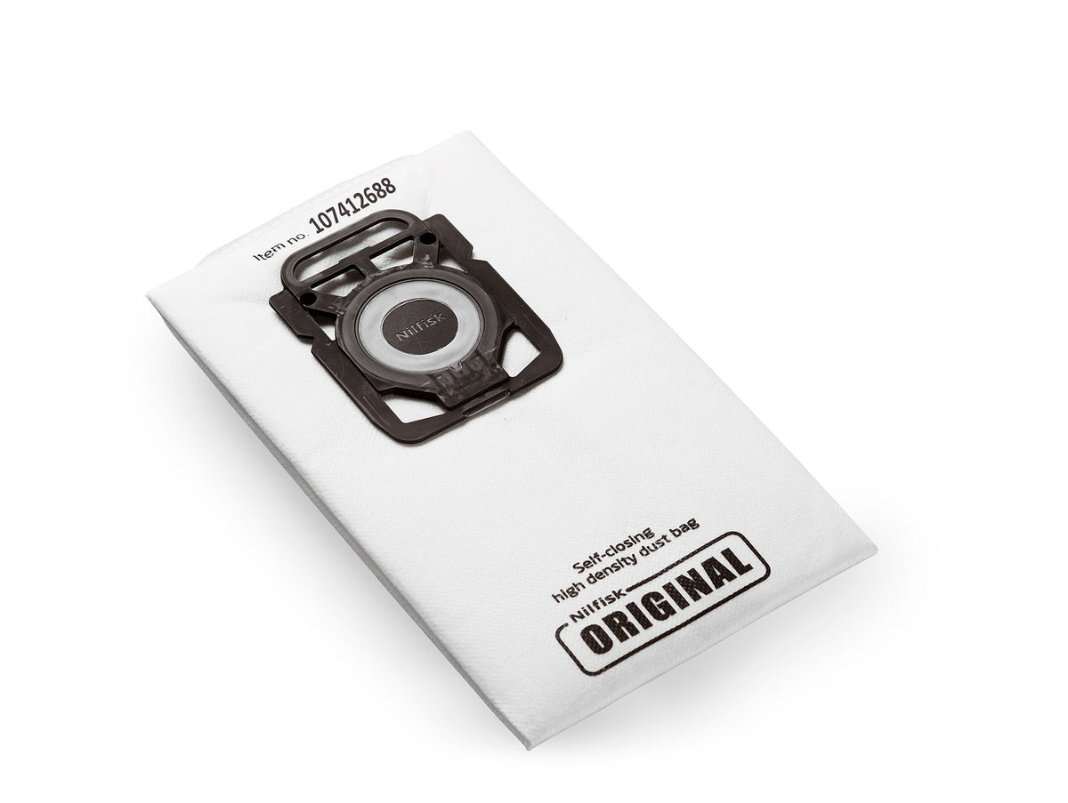 White vacuum cleaner bag by Nilfisk with self-closing, high-density dust bag design and a dark gray plastic attachment ring.
