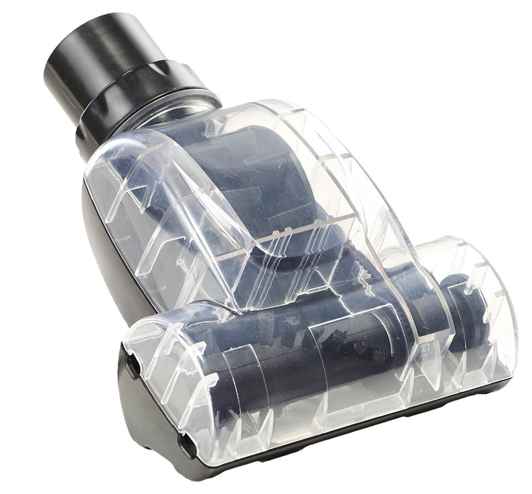 Clear mini turbo nozzle for vacuum cleaners for vacuum cleaners, featuring black details.