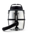 Stainless steel vacuum cleaner by Nilfisk, featuring a black hose and top with a silver metal tank.
