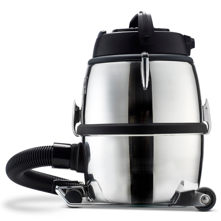 Stainless steel wet-dry vacuum by Nilfisk, featuring a black top and hose on a wheeled base.