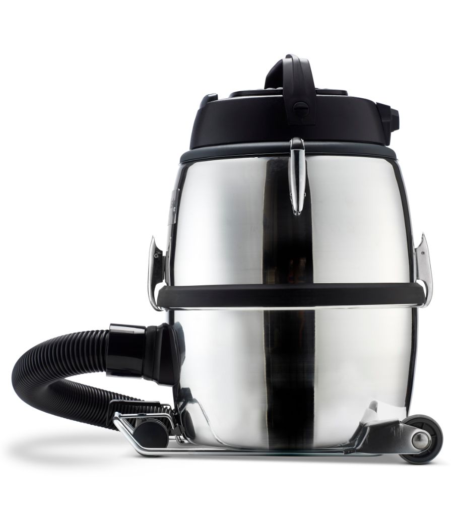 Stainless steel wet-dry vacuum by Nilfisk, featuring a black top and hose on a wheeled base.
