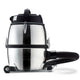 Stainless steel vacuum cleaner by Nilfisk, featuring a black hose and handle, on a white background.
