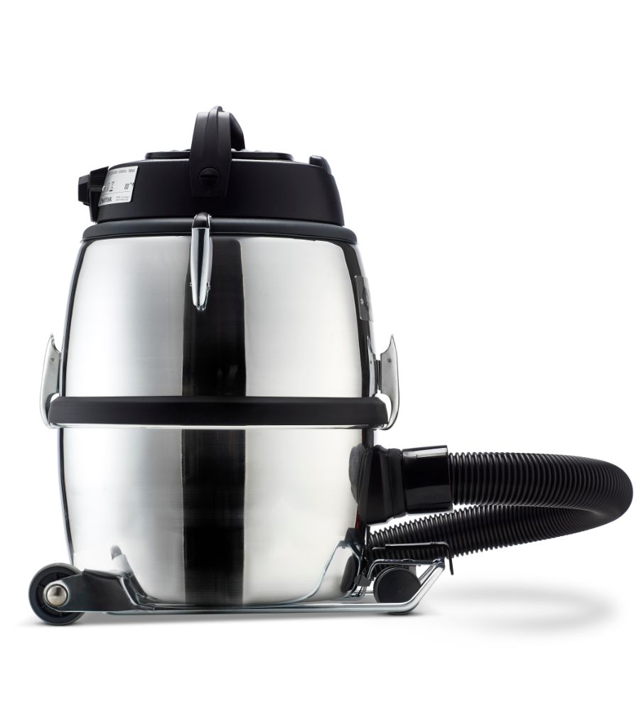 Stainless steel vacuum cleaner by Nilfisk, featuring a black hose and handle, on a white background.
