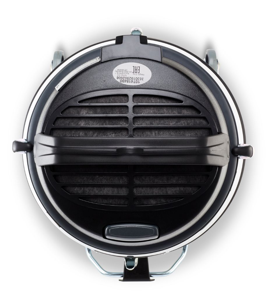 Top view of a black and grey støvsuger støvsuger, 780 W, features a grille design and a grey handle.