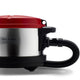 Red and silver cylinder vacuum cleaner by Nilfisk with black accents, hose, and wheels shown in a side view.