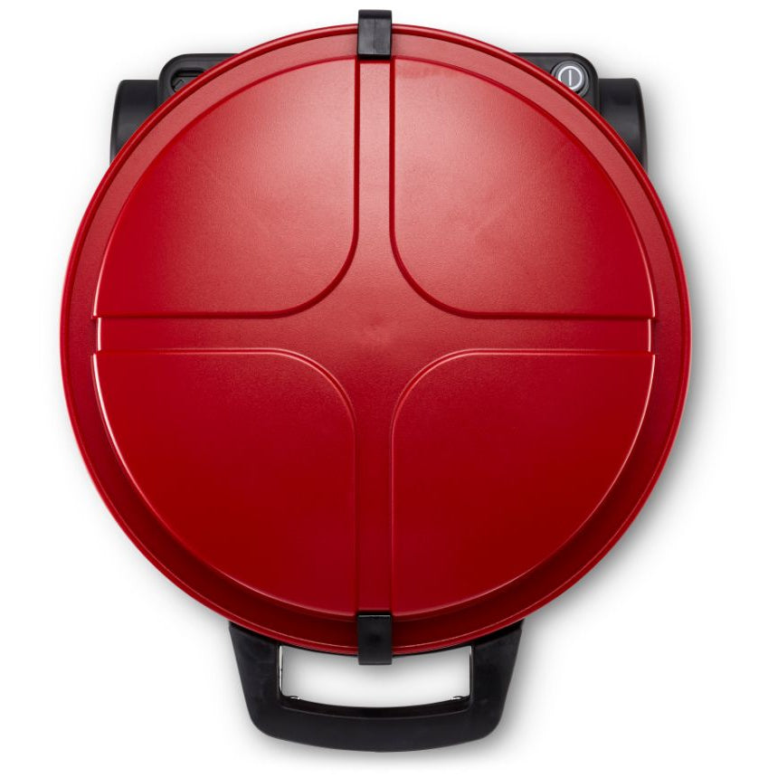 Red støvsuger by ES with a round top and black handle.