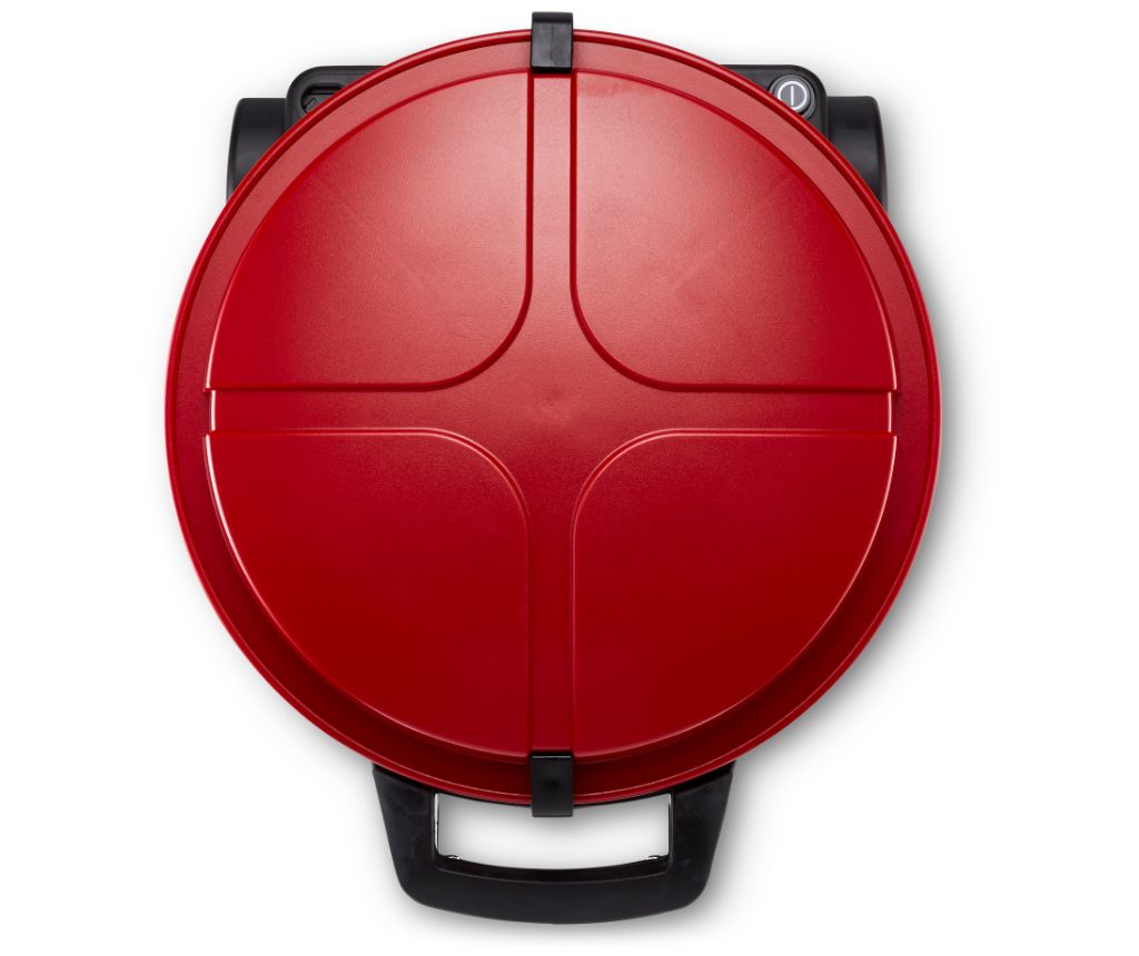 Red støvsuger by ES with a round top and black handle.