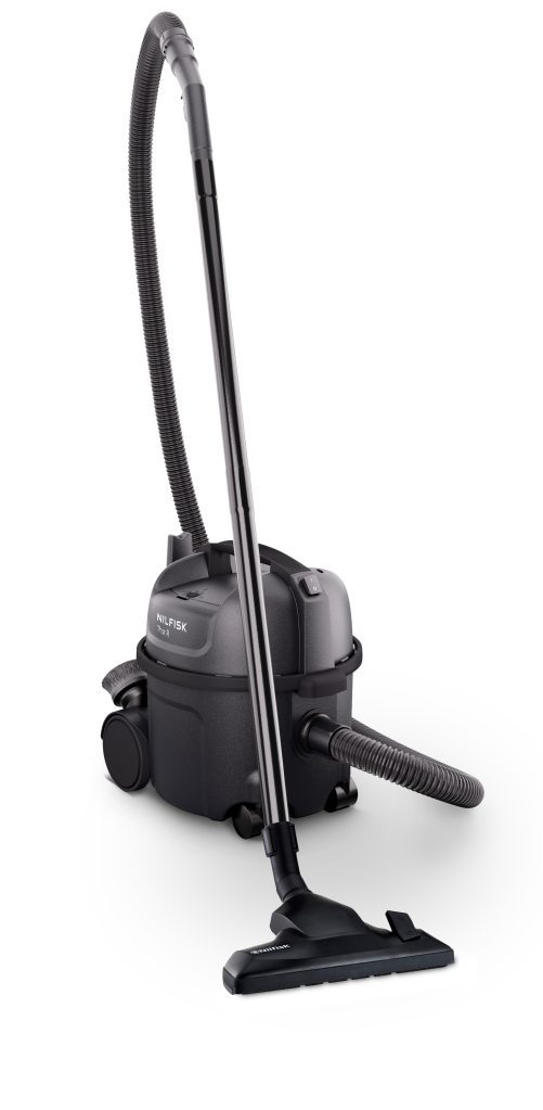 Black and gray canister vacuum cleaner by Nilfisk with HEPA filter, flexible hose, and floor nozzle, side view on white background