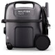 Gray and black canister vacuum cleaner by Nilfisk with HEPA filter, 800W motor, top handle, wheels, and coiled power cord, front view
