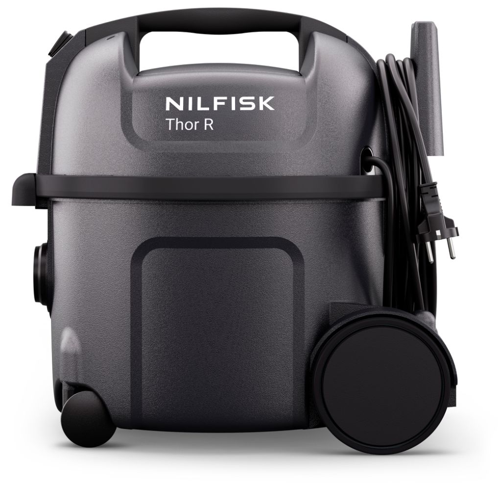 Gray and black canister vacuum cleaner by Nilfisk with HEPA filter, 800W motor, top handle, wheels, and coiled power cord, front view