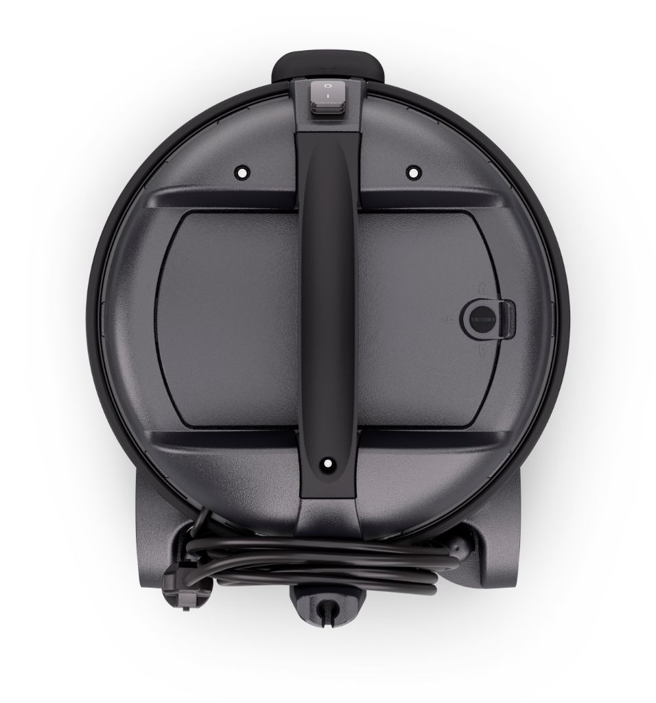 Black circular HEPA vacuum cleaner with central handle and power button, top view, cord wrapped at base