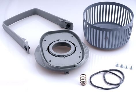 GM80 Støvsuger Hepa filter fastening kit, featuring gray-tone plastic components including a frame, basket, and mounting elements.
