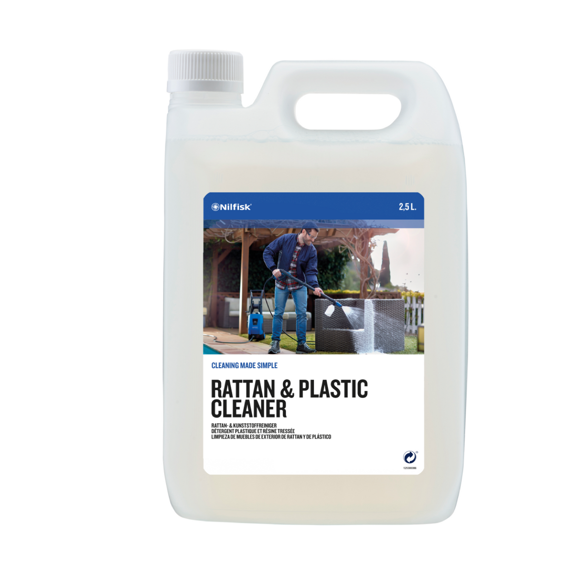 Bottle of rattan and plastic cleaner by Nilfisk, sitting in a white container.
