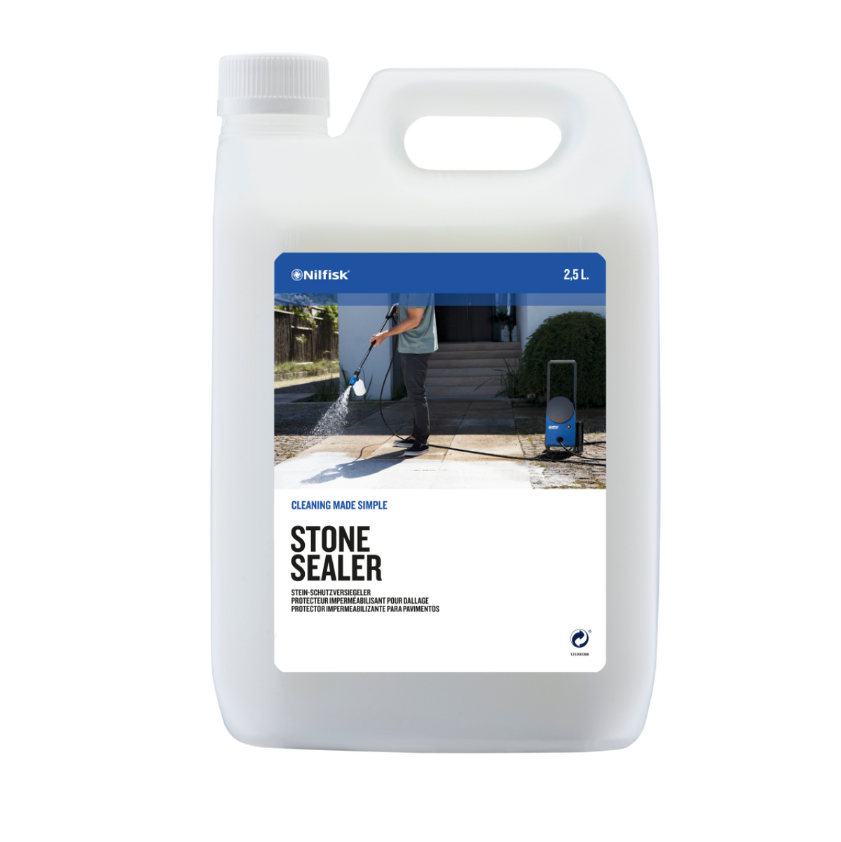 Stone sealer by Nilfisk in a white container with a person using a pressure washer in the background.
