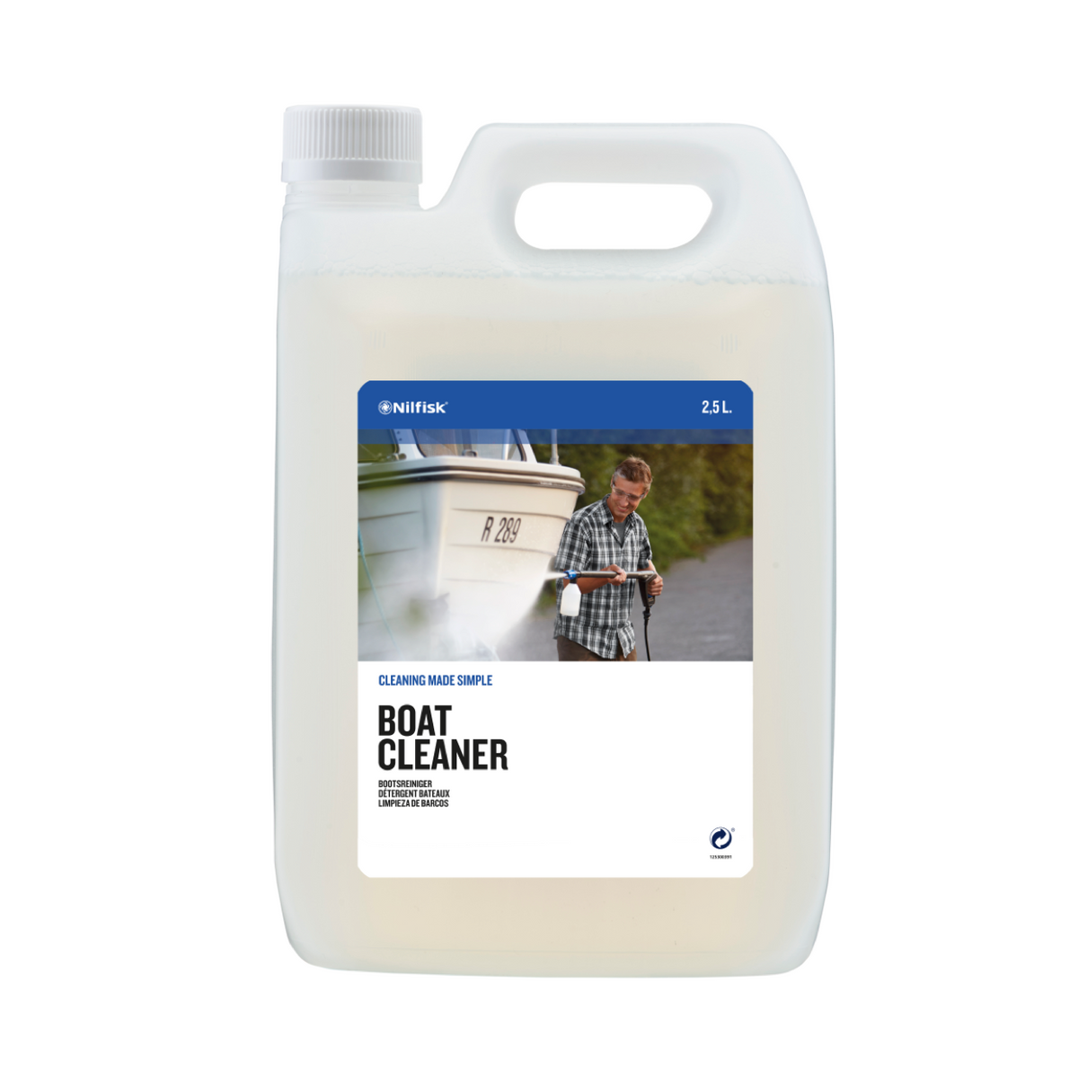 Boat cleaner by Nilfisk in a translucent plastic jug with an image of a man cleaning a boat.