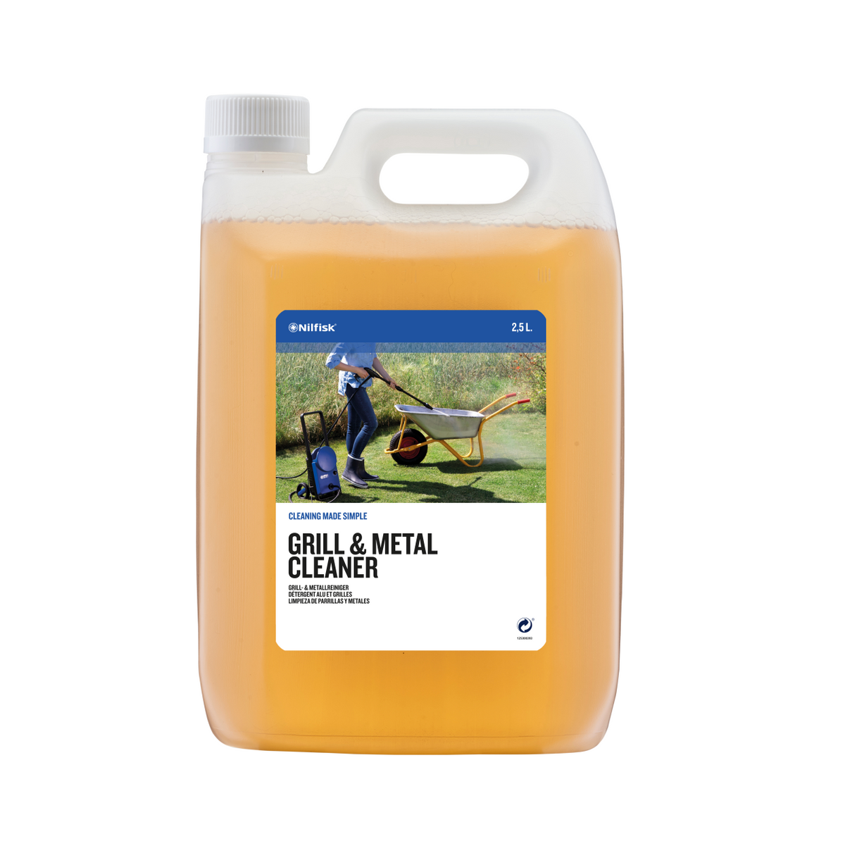 Grill and metal cleaner by Nilfisk in a clear plastic container with a white lid and handle.