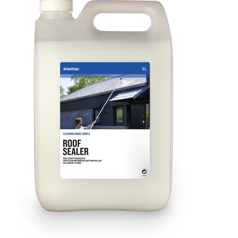 Roof Sealer by Nilfisk in a white plastic container showing a man cleaning a roof with the product.
