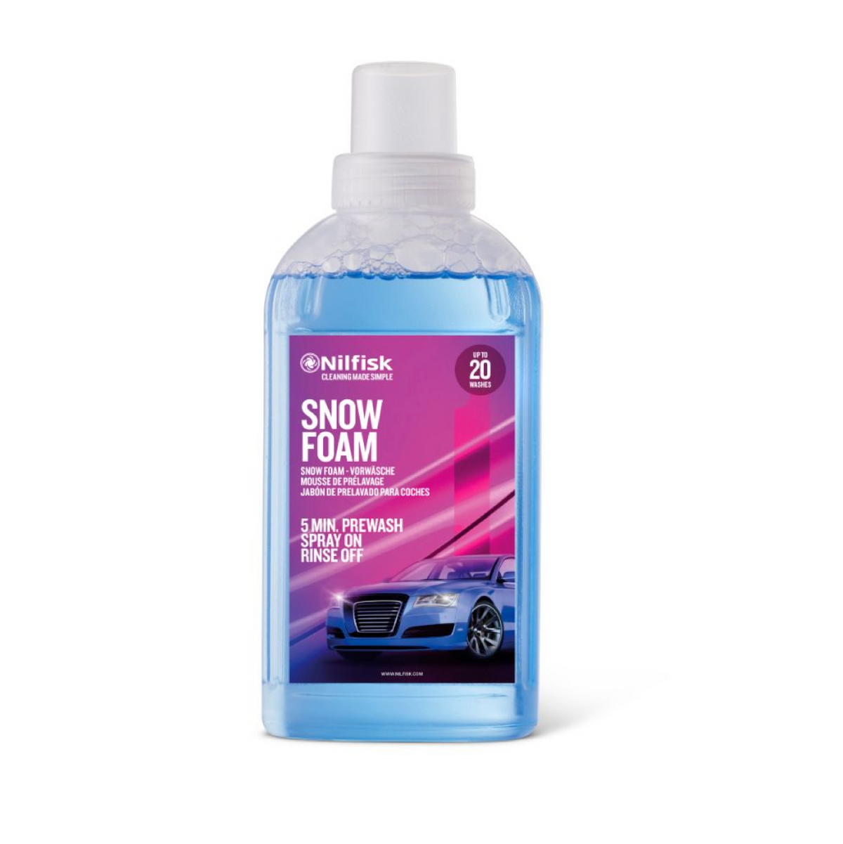 Blue snow foam by Nilfisk in a transparent bottle with a label, placed on a white surface.