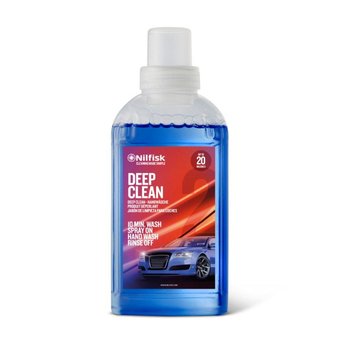 Blue car wash detergent by Nilfisk, showing the product label with text and an illustration of a car.
