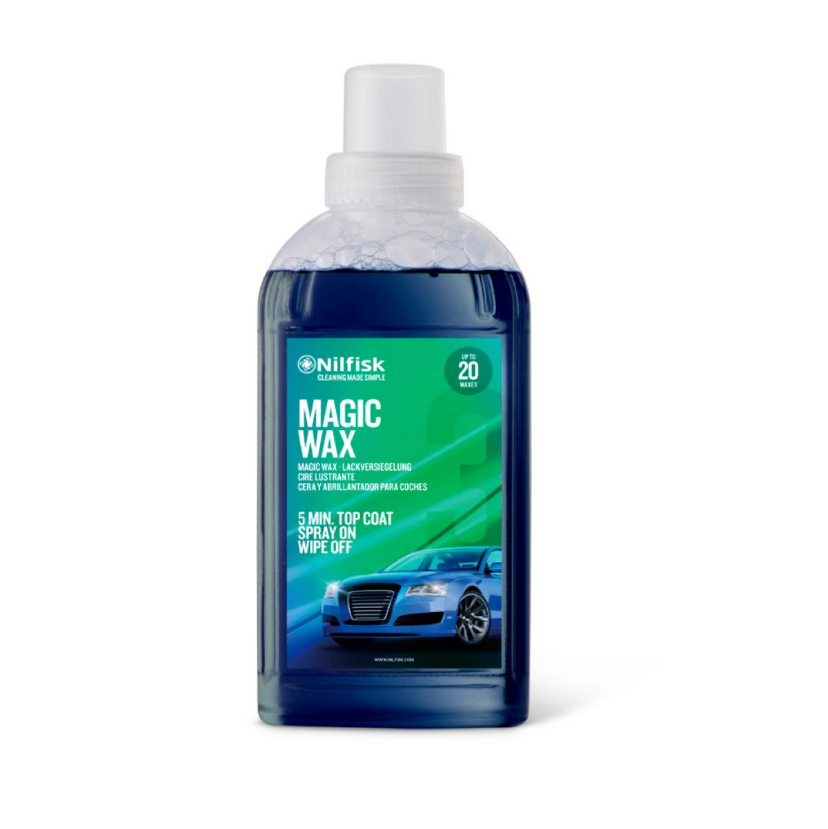 Car wax by Nilfisk, in a blue bottle with a blue car featured on the label.
