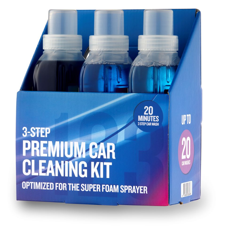 Car cleaning kit for pressure washers by ES, displayed in packaging with bottles of cleaning solutions.