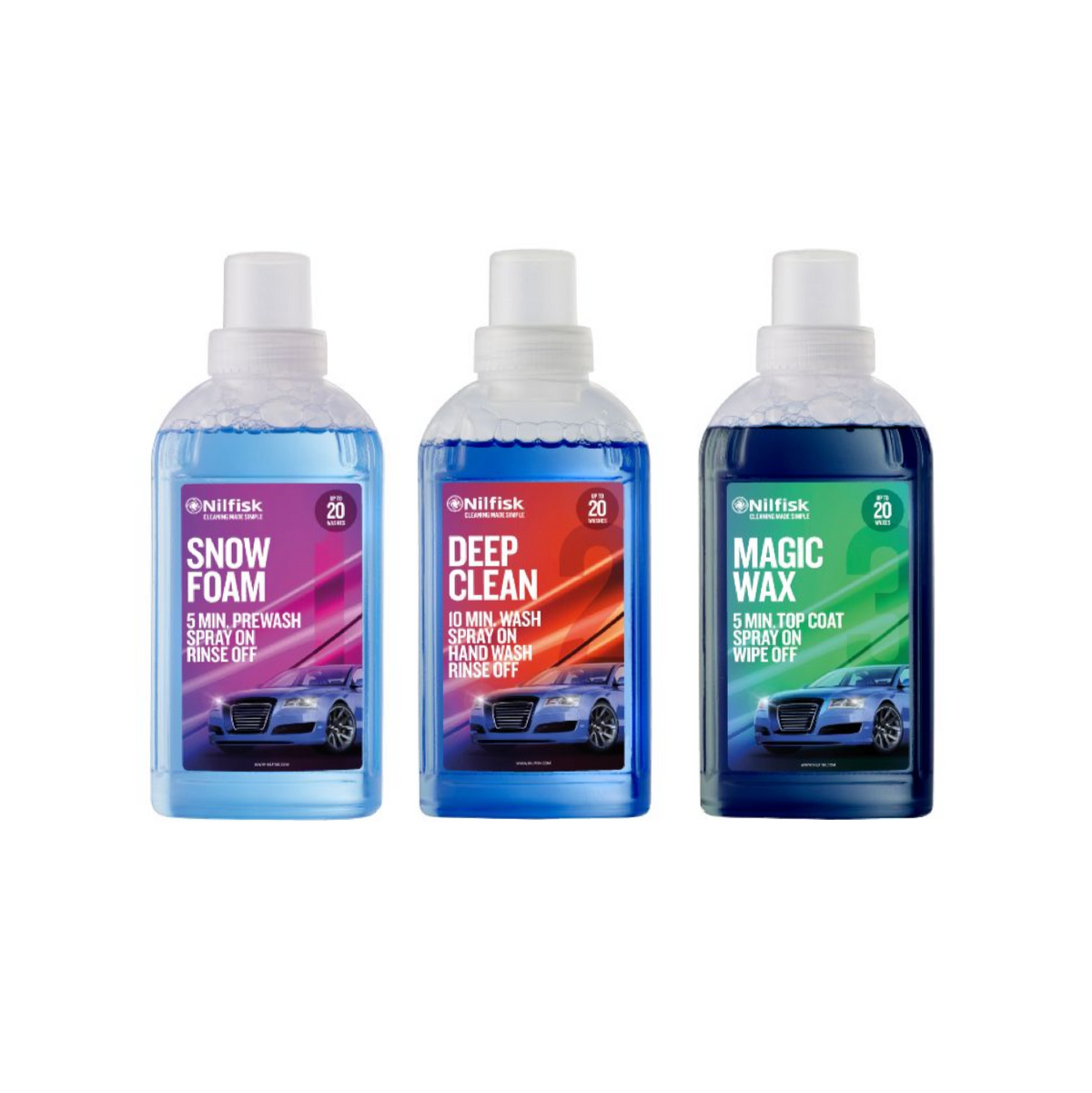 Car cleaning detergent kit by Nilfisk, including snow foam, deep clean, and magic wax products.