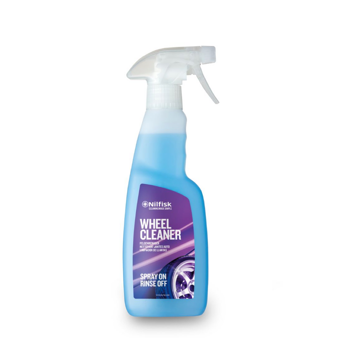 Blue wheel cleaner by Nilfisk in a spray bottle, with purple label and an image of a tire on the label.