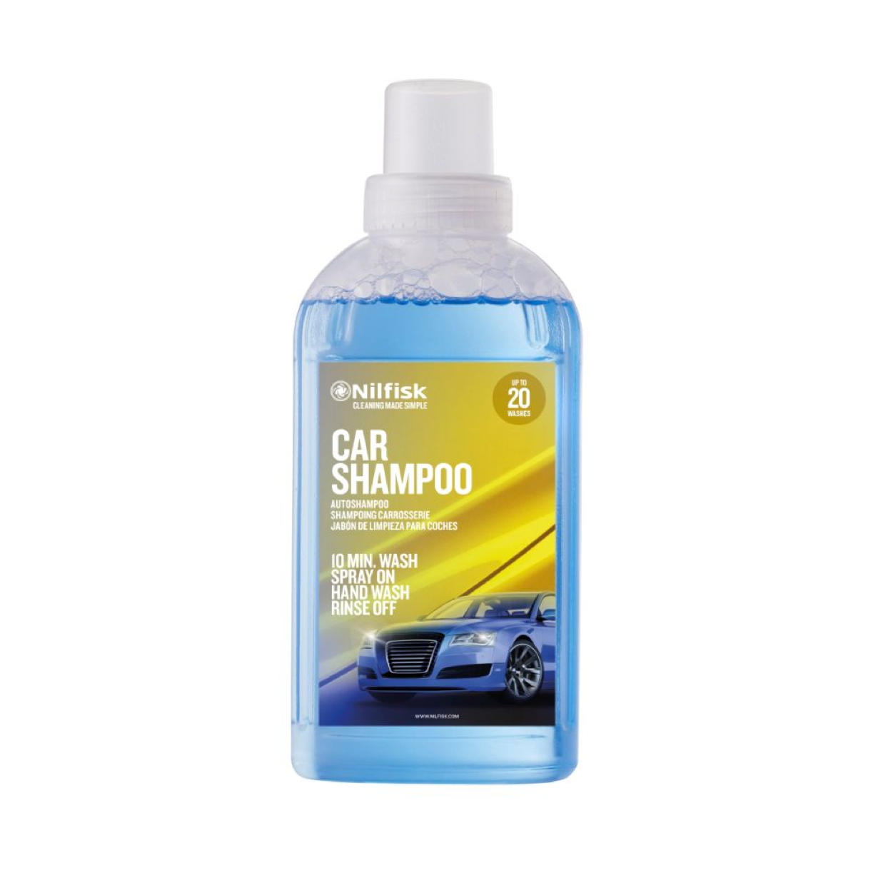 Blue car shampoo by Nilfisk, in a clear plastic bottle with a white cap and an image of a car on the label.

