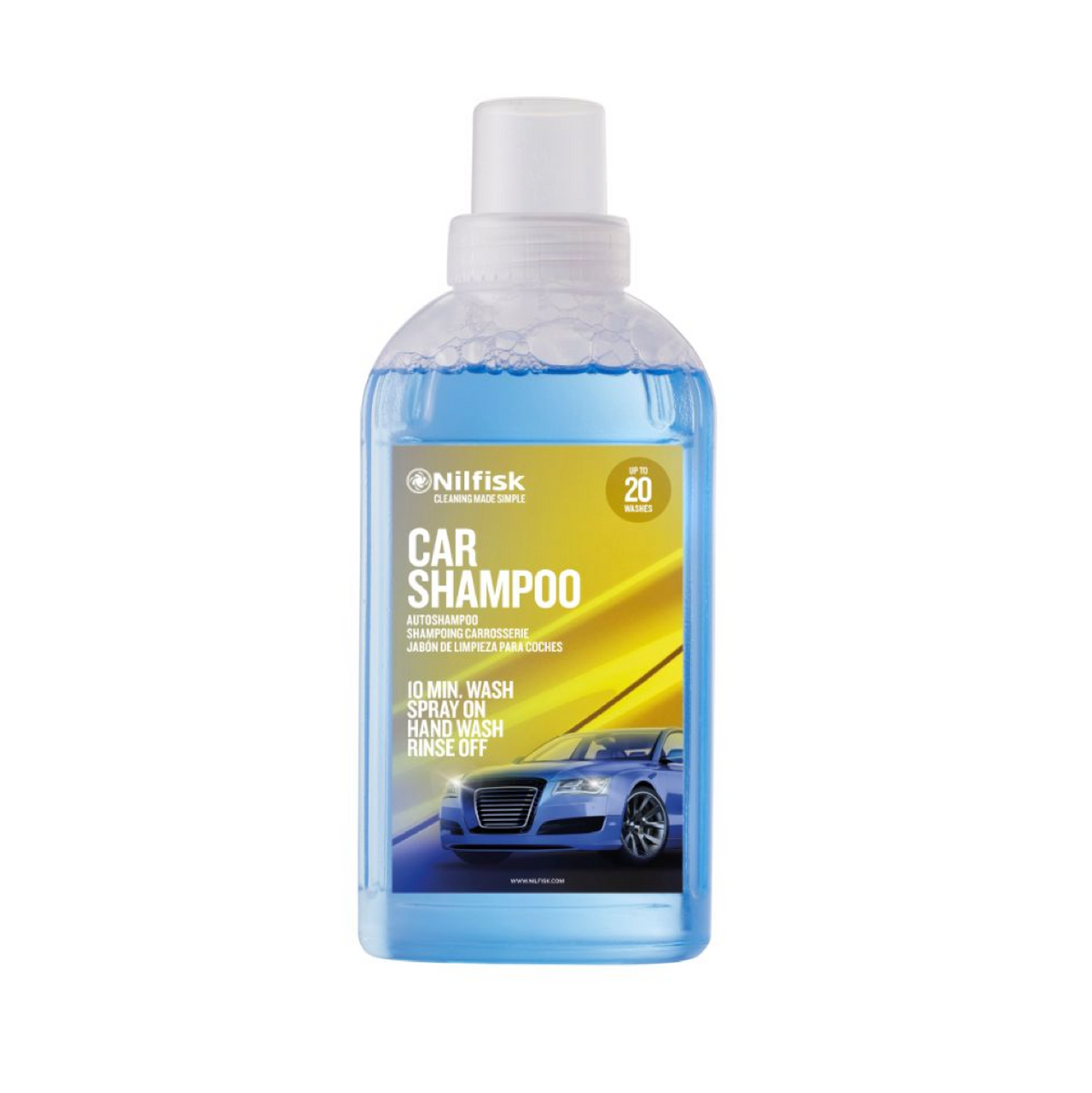 Blue car shampoo by Nilfisk, in a clear bottle with a white cap, showing a car on the label.
