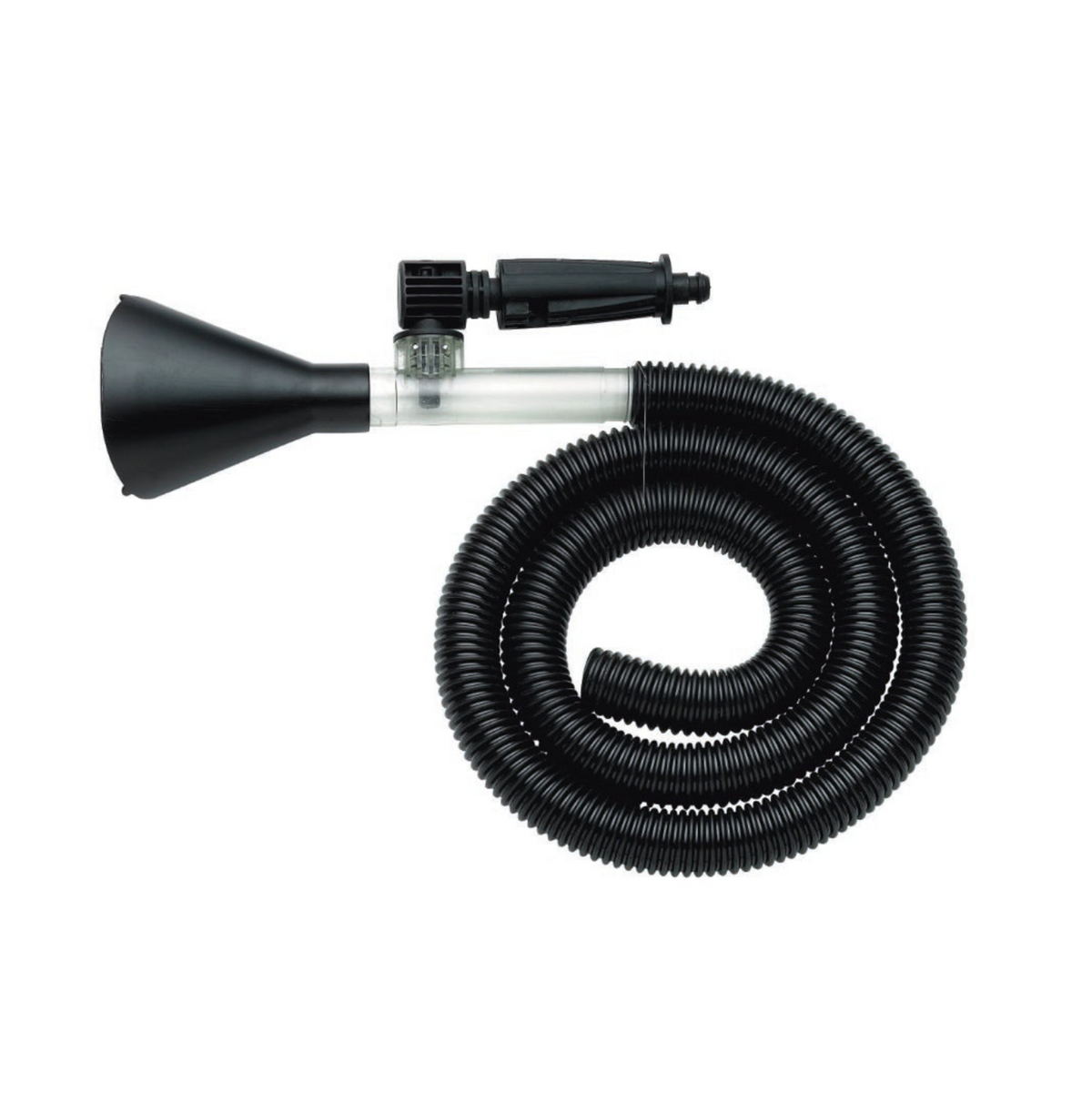 Black vacuum suction set for high-pressure washers with a black ribbed hose and clear plastic attachments.