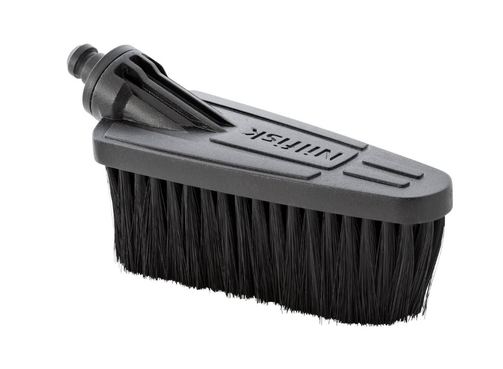 Gray car wash brush by Nilfisk, featuring a molded nozzle attachment.