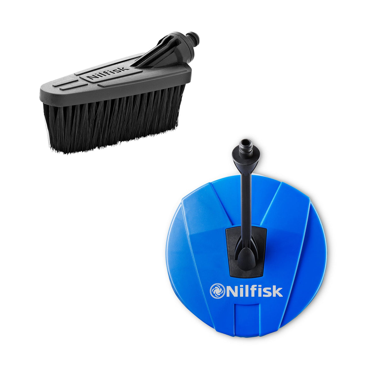 High pressure washer accessory set from Nilfisk, featuring a brush and a surface cleaner.
