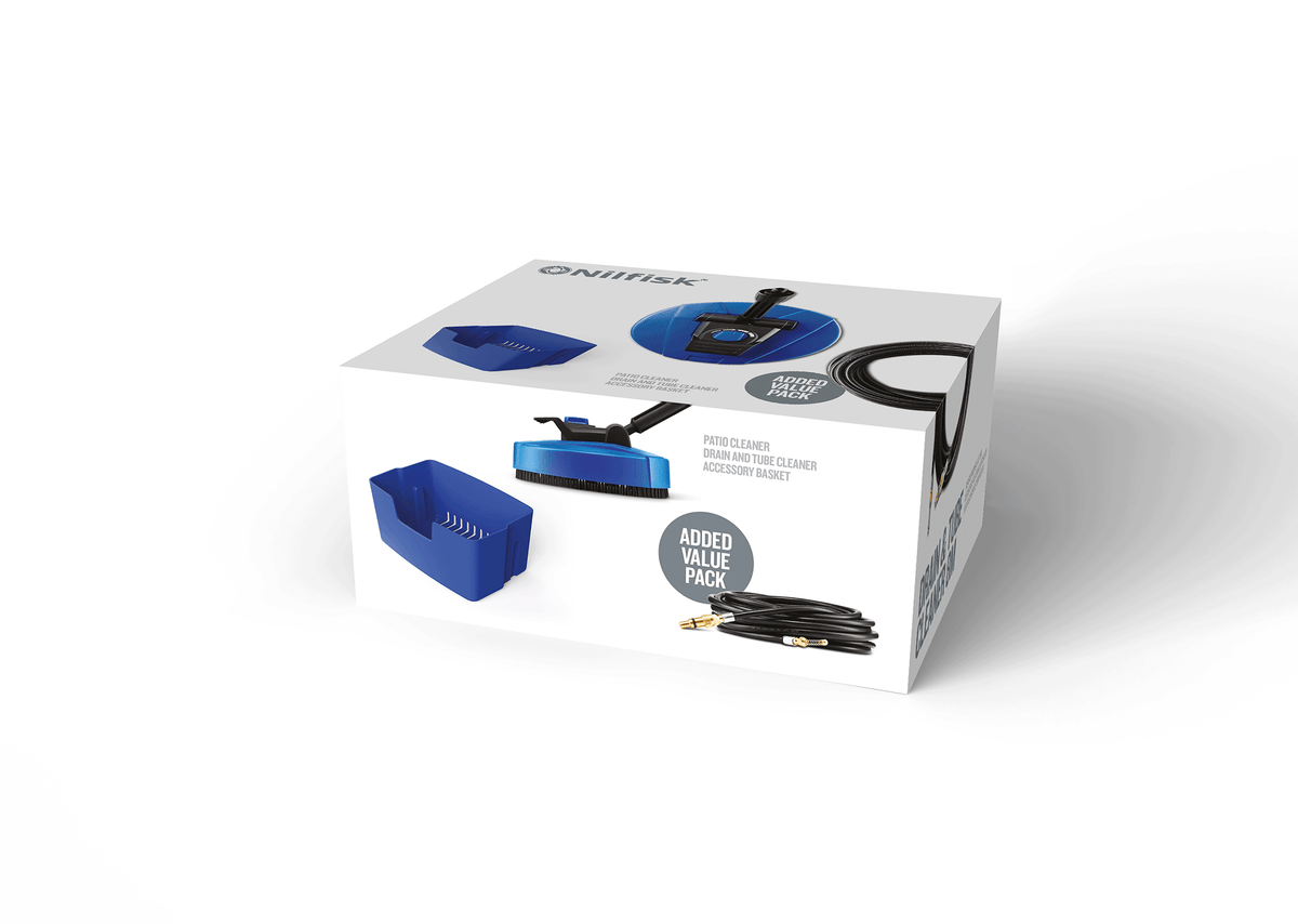 High-pressure cleaner accessories by Nilfisk, in a white product box with product images and text.