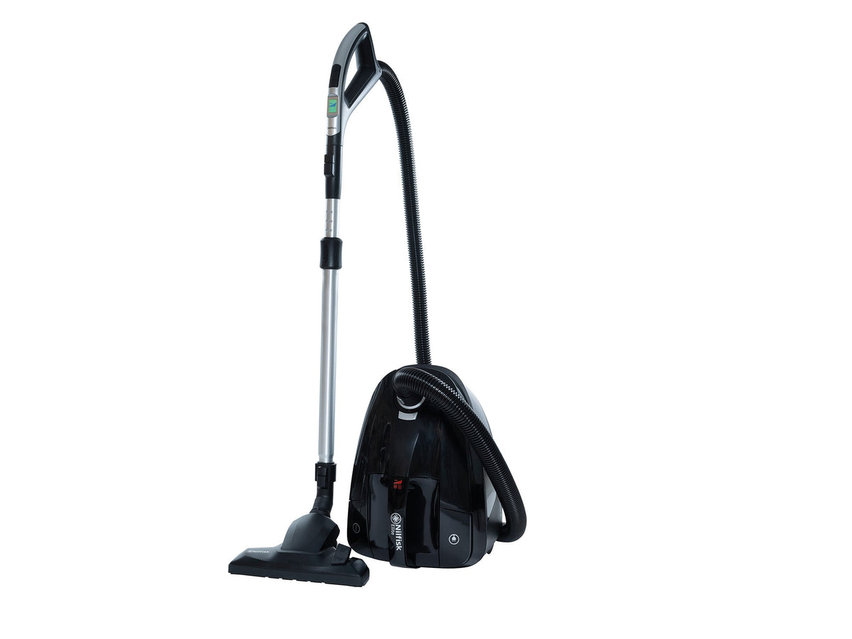 Black vacuum cleaner by Nilfisk with a silver extending handle and black hose.