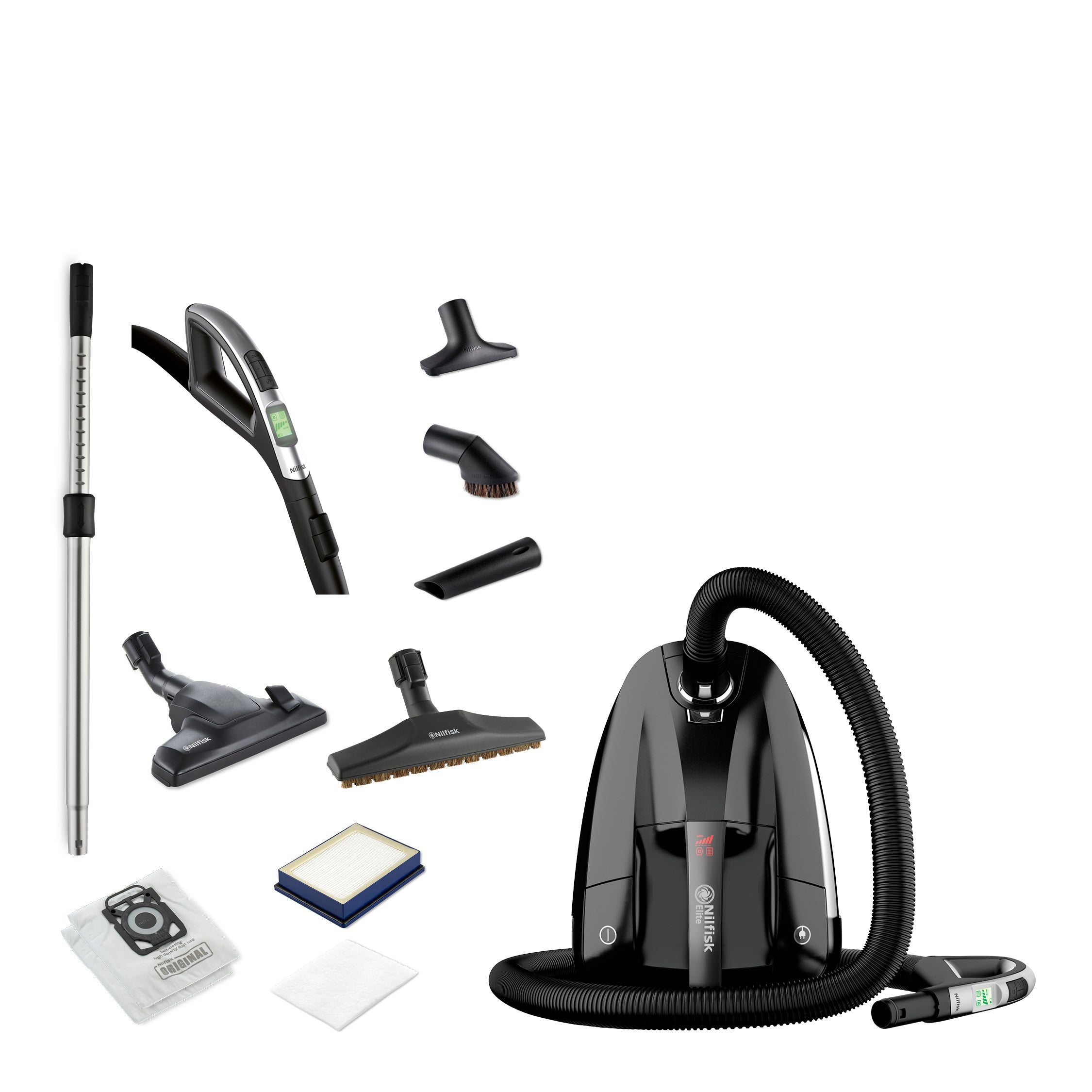 Black canister vacuum cleaner by Nilfisk, with attachments, filters, a hose and a telescopic wand.