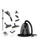 Black canister vacuum cleaner by Nilfisk, with attachments, filters, a hose and a telescopic wand.