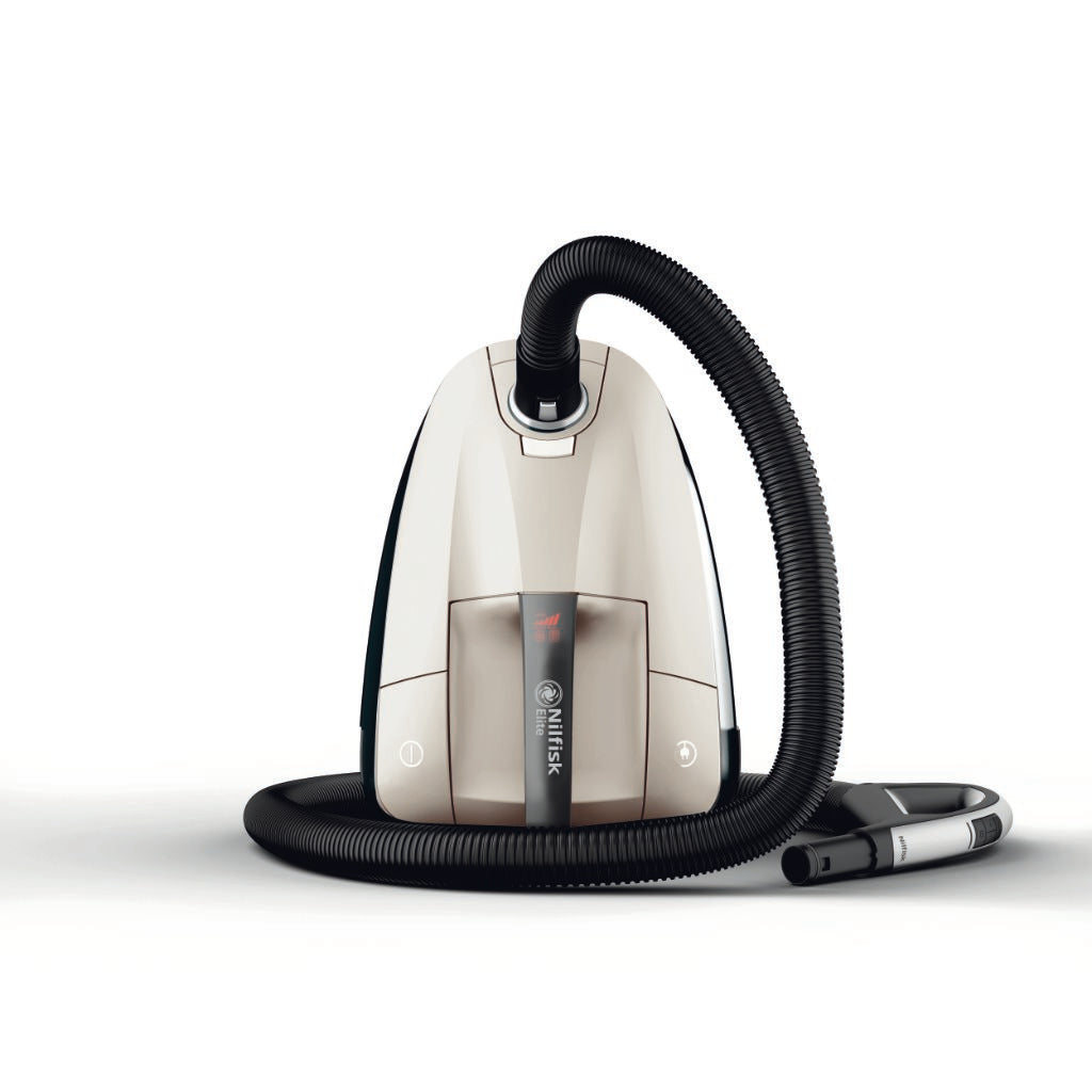 Champagne vacuum cleaner by Nilfisk with a black hose coiled around it on a white background.

