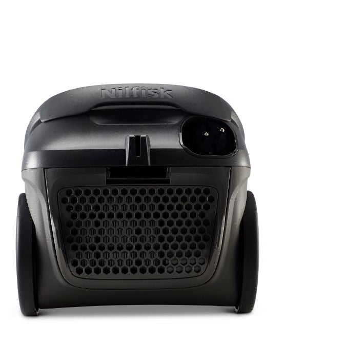 Black corded canister vacuum cleaner by Nilfisk with honeycomb grille and dual wheels, front view