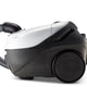White canister vacuum cleaner by Nilfisk with a gray hose.