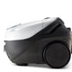 White vacuum cleaner by Nilfisk with black base, shown in a studio shot.