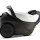 White vacuum cleaner by Nilfisk, featuring a flexible grey hose and a black base and handle.