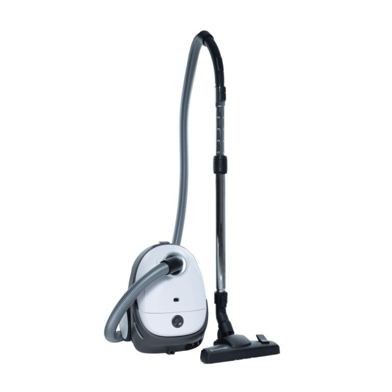 White vacuum cleaner by ES One with a hose and silver adjustable handle.